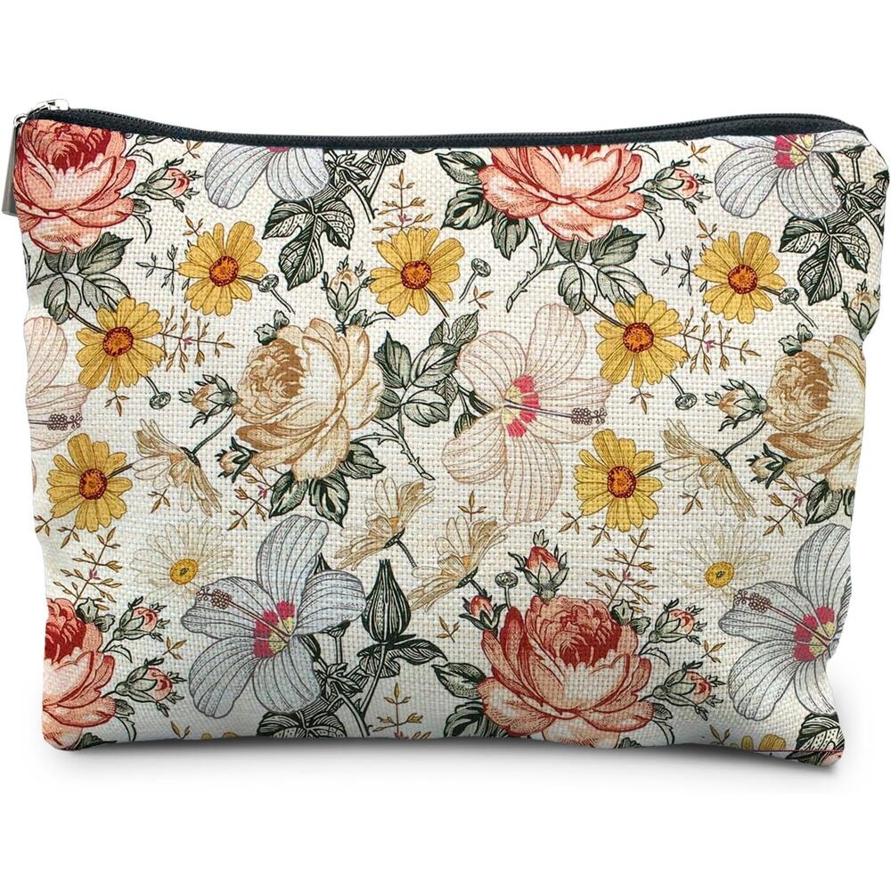 Set of 2  Vintage Floral Zipper Pouch – Cosmetic Makeup Bag w/ Boho Garden Prin